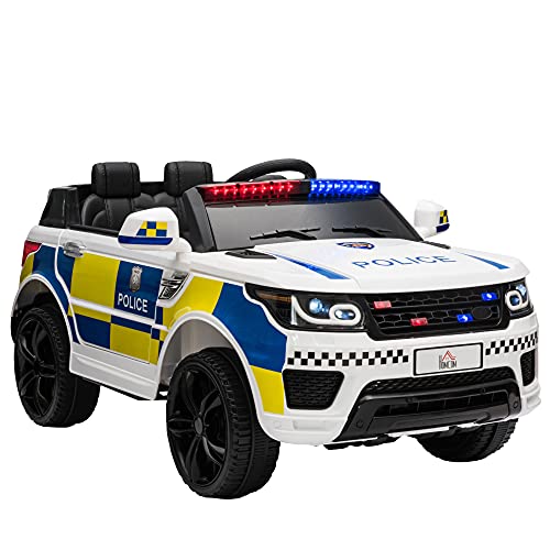 HOMCOM 12V Kids Portable 2 Motors Electric Ride On Police Car with Parental Remote Control Siren Flashing Lights USB Bluetooth for 3-6 Years White