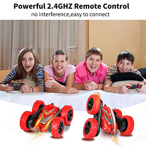 Remote Control Cars, RC Stunt Car Toys for Girls Boys Age 5 6 7 8 9 10, 2.4Ghz Double Sided 360° Flips Rotating 4WD Off Road Racing RC Car, Perfect Kids Toys Gifts on Birthday Christmas (Red)