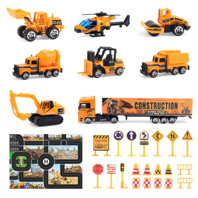 jenilily Mini Construction Vehicle Toy Car Set with Play Mat, Truck Carrier, Forklift, Bulldozer, Excavator, Mixer, Dump Truck, Alloy Metal Car Toys for 3 4 5 6 Years Old Toddlers Kids Boys