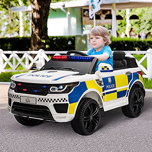 HOMCOM 12V Kids Portable 2 Motors Electric Ride On Police Car with Parental Remote Control Siren Flashing Lights USB Bluetooth for 3-6 Years White