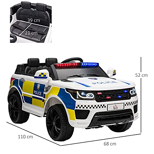 HOMCOM 12V Kids Portable 2 Motors Electric Ride On Police Car with Parental Remote Control Siren Flashing Lights USB Bluetooth for 3-6 Years White