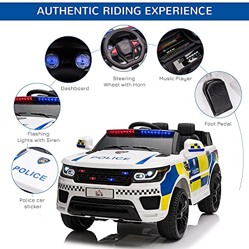 HOMCOM 12V Kids Portable 2 Motors Electric Ride On Police Car with Parental Remote Control Siren Flashing Lights USB Bluetooth for 3-6 Years White