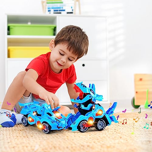 TMKYN Dinosaur Toys for Boys Age 3 4 5 6 7 8yr, Electric Dinosaur Transforming Car Toys with LED Lights and Sound, Transforming Toys for 3-8 Year Old Girls and Boys Gifts (Blue Triceratops)