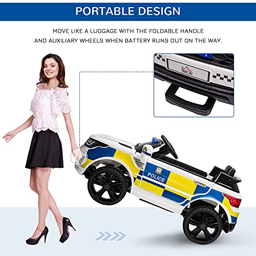 HOMCOM 12V Kids Portable 2 Motors Electric Ride On Police Car with Parental Remote Control Siren Flashing Lights USB Bluetooth for 3-6 Years White