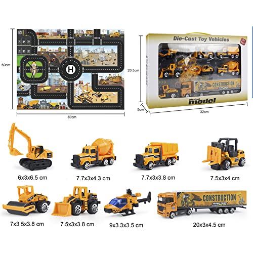 jenilily Mini Construction Vehicle Toy Car Set with Play Mat, Truck Carrier, Forklift, Bulldozer, Excavator, Mixer, Dump Truck, Alloy Metal Car Toys for 3 4 5 6 Years Old Toddlers Kids Boys