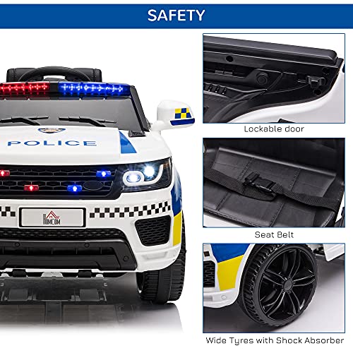 HOMCOM 12V Kids Portable 2 Motors Electric Ride On Police Car with Parental Remote Control Siren Flashing Lights USB Bluetooth for 3-6 Years White