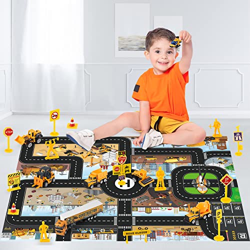jenilily Mini Construction Vehicle Toy Car Set with Play Mat, Truck Carrier, Forklift, Bulldozer, Excavator, Mixer, Dump Truck, Alloy Metal Car Toys for 3 4 5 6 Years Old Toddlers Kids Boys