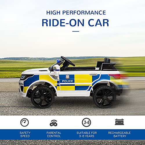 HOMCOM 12V Kids Portable 2 Motors Electric Ride On Police Car with Parental Remote Control Siren Flashing Lights USB Bluetooth for 3-6 Years White