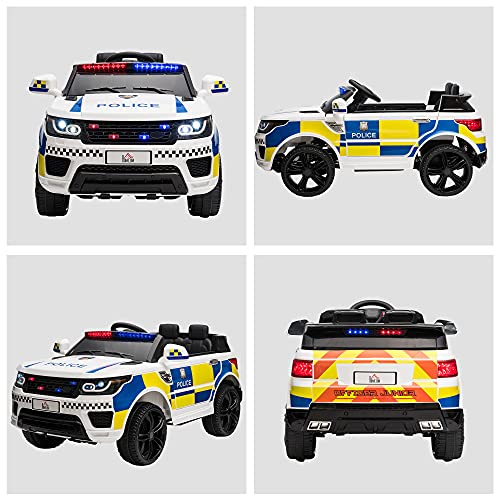 HOMCOM 12V Kids Portable 2 Motors Electric Ride On Police Car with Parental Remote Control Siren Flashing Lights USB Bluetooth for 3-6 Years White