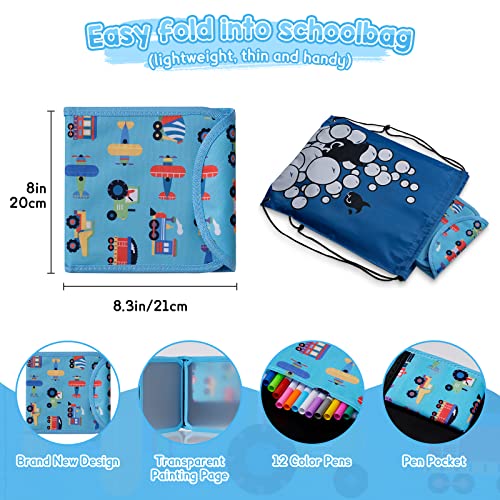Erasable Drawing Pad, 8inch Plane Activities for Kids, Blue Car Travel Toys Doodle Book for Kids 3 4 5 6 7 8 Year Old Boy Girl Birthday Gifts, 14 Pages for Magic Drawing with 12 Marker