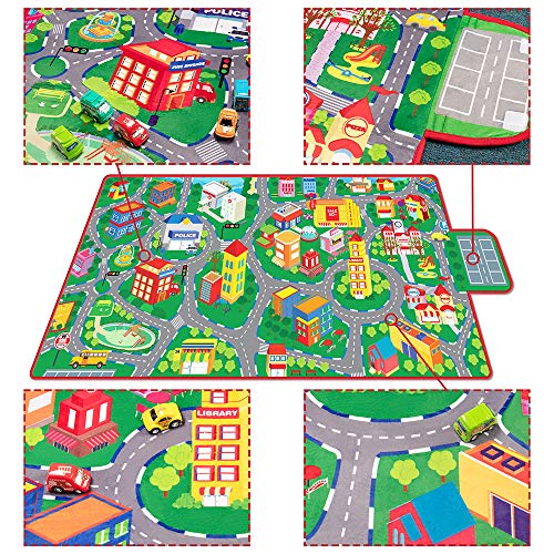 Car Mat for Children, Kids Car Mat for Floor Large Car Play Mats for Kids with 6 Toy Cars Car Rug Play Mat Educational City Road Mat for Toy Cars Play Room Game