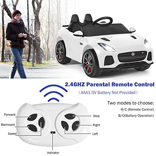 GYMAX Kids Ride on Car, 12V Battery Powered Licensed Jaguar F-Type SVR Toy Car with Remote Control, Music, Lights, USB/MP3/TF, Slow Start & Safety Belt, Children Electric Vehicle for Boys Girls(White)