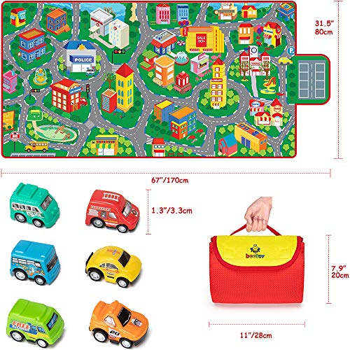 Car Mat for Children, Kids Car Mat for Floor Large Car Play Mats for Kids with 6 Toy Cars Car Rug Play Mat Educational City Road Mat for Toy Cars Play Room Game