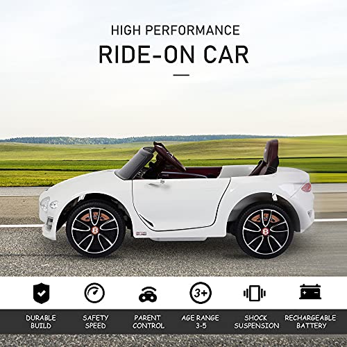 HOMCOM Compatible Electric Kids Ride On Car Bentley GT 12V Battery Powered Toy Two Motors with LED Light Music Parental Remote Control for 3-5 Years White Bentley