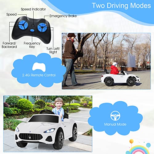 COSTWAY Electric Kids Ride On Car, 12V Battery Powered Compatible Maserati Toy Vehicle with Two Motors, Remote Control, Lights, USB, Horn and Music, Gift for 3+ Years Old Boys Girls (White)