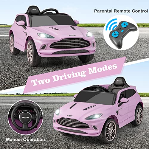 GYMAX Kids Ride on Car, 12V Battery Powered Licensed Aston Martin DBX Toy Car with Remote Control, Music, Bluetooth, FM, USB, Slow Start & Safety Belt, Children Electric Vehicle for Boys Girls (Pink)
