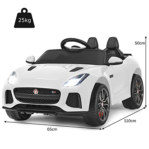 GYMAX Kids Ride on Car, 12V Battery Powered Licensed Jaguar F-Type SVR Toy Car with Remote Control, Music, Lights, USB/MP3/TF, Slow Start & Safety Belt, Children Electric Vehicle for Boys Girls(White)