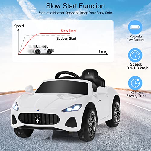 COSTWAY Electric Kids Ride On Car, 12V Battery Powered Compatible Maserati Toy Vehicle with Two Motors, Remote Control, Lights, USB, Horn and Music, Gift for 3+ Years Old Boys Girls (White)