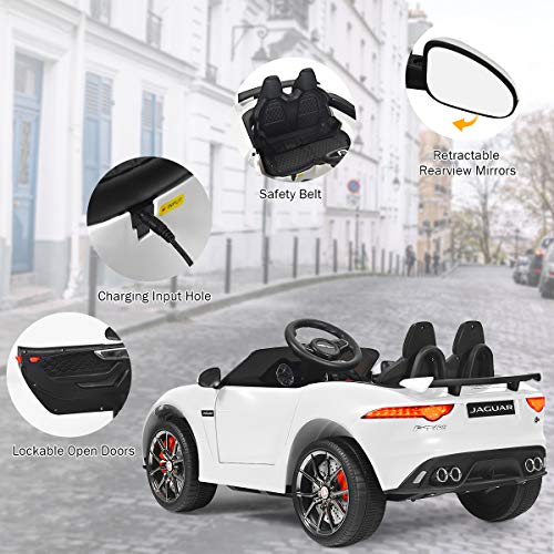 GYMAX Kids Ride on Car, 12V Battery Powered Licensed Jaguar F-Type SVR Toy Car with Remote Control, Music, Lights, USB/MP3/TF, Slow Start & Safety Belt, Children Electric Vehicle for Boys Girls(White)