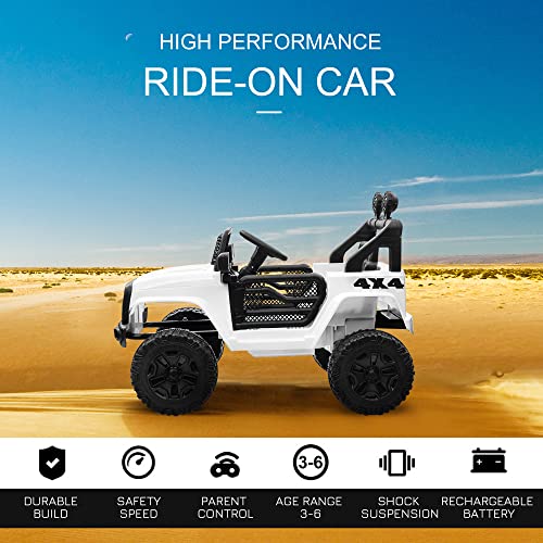 HOMCOM 12V Battery-powered 2 Motors Kids Electric Ride On Car Truck Off-road Toy with Parental Remote Control Horn Lights Suspension Wheels for 3-6 Years Old White