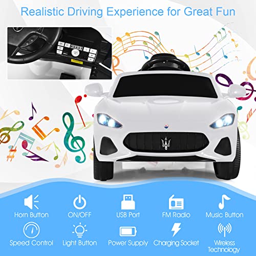 COSTWAY Electric Kids Ride On Car, 12V Battery Powered Compatible Maserati Toy Vehicle with Two Motors, Remote Control, Lights, USB, Horn and Music, Gift for 3+ Years Old Boys Girls (White)
