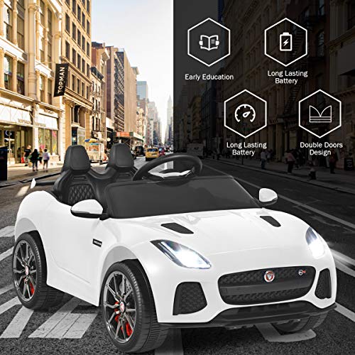 GYMAX Kids Ride on Car, 12V Battery Powered Licensed Jaguar F-Type SVR Toy Car with Remote Control, Music, Lights, USB/MP3/TF, Slow Start & Safety Belt, Children Electric Vehicle for Boys Girls(White)