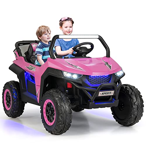 GYMAX Kids Electric UTV, 2-Seater 12V Battery Powered Toy Car with Remote Control, Lights, Bluetooth, MP3, USB, FM, High/Low Speed & Suspension Spring, Children Ride on Car for 3-8 Years Old (Pink)