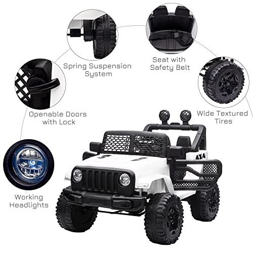 HOMCOM 12V Battery-powered 2 Motors Kids Electric Ride On Car Truck Off-road Toy with Parental Remote Control Horn Lights Suspension Wheels for 3-6 Years Old White