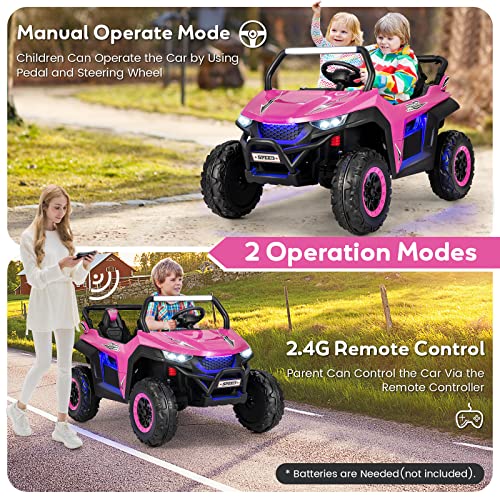 GYMAX Kids Electric UTV, 2-Seater 12V Battery Powered Toy Car with Remote Control, Lights, Bluetooth, MP3, USB, FM, High/Low Speed & Suspension Spring, Children Ride on Car for 3-8 Years Old (Pink)