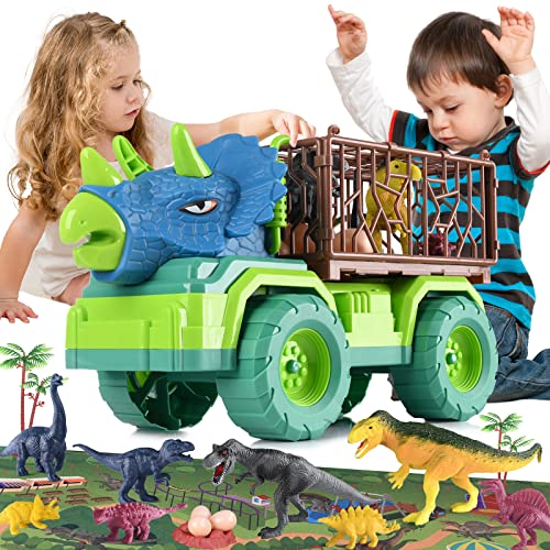 EPPO Dinosaur Truck Playset Boys Toys for Kids 3-5, Large Triceratops Vehicle 8 Jurassic Dinosaurs, Activity Play Mat, Dinosaur Eggs, Carrier Car Toys for 3 4 5 6 + Years Old Boys Girls Kids Gifts