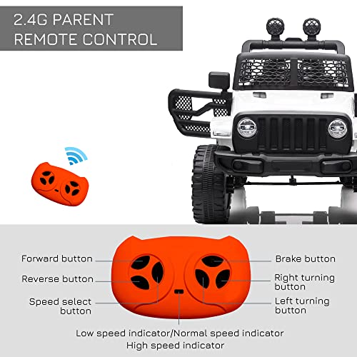 HOMCOM 12V Battery-powered 2 Motors Kids Electric Ride On Car Truck Off-road Toy with Parental Remote Control Horn Lights Suspension Wheels for 3-6 Years Old White
