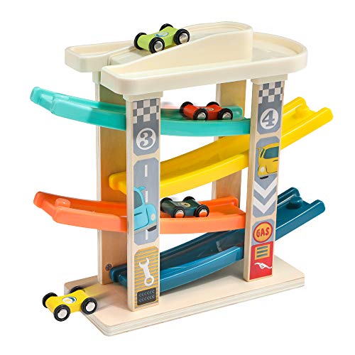 TOP BRIGHT Car Ramp Toys for 2 Year Olds - Wooden Car Toy Garage with 4 Racing Cars, Toddler Toy Kids Present for 1 Year Old