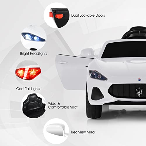 COSTWAY Electric Kids Ride On Car, 12V Battery Powered Compatible Maserati Toy Vehicle with Two Motors, Remote Control, Lights, USB, Horn and Music, Gift for 3+ Years Old Boys Girls (White)