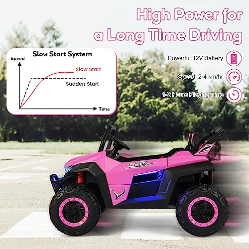 GYMAX Kids Electric UTV, 2-Seater 12V Battery Powered Toy Car with Remote Control, Lights, Bluetooth, MP3, USB, FM, High/Low Speed & Suspension Spring, Children Ride on Car for 3-8 Years Old (Pink)