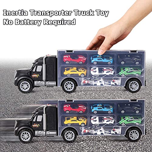 m zimoon Car Transporter Truck Toy, Transport Car Carrier Truck Toy Set with 8pcs Accessories and 6pcs Mini Metal Cars Gift for 3-12 Years Old Boys Girls Children