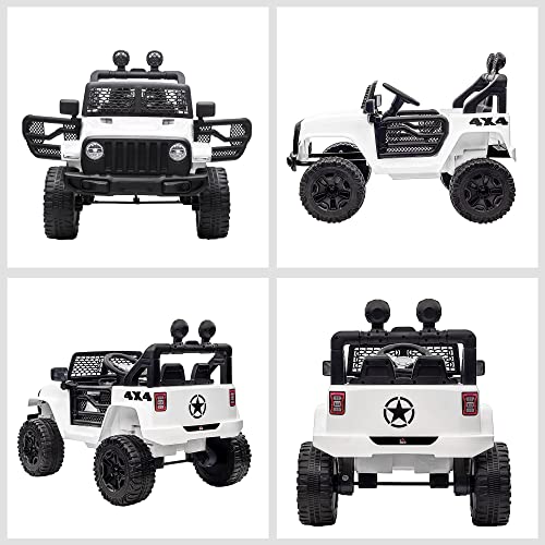 HOMCOM 12V Battery-powered 2 Motors Kids Electric Ride On Car Truck Off-road Toy with Parental Remote Control Horn Lights Suspension Wheels for 3-6 Years Old White