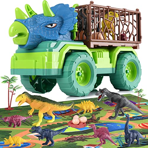 EPPO Dinosaur Truck Playset Boys Toys for Kids 3-5, Large Triceratops Vehicle 8 Jurassic Dinosaurs, Activity Play Mat, Dinosaur Eggs, Carrier Car Toys for 3 4 5 6 + Years Old Boys Girls Kids Gifts