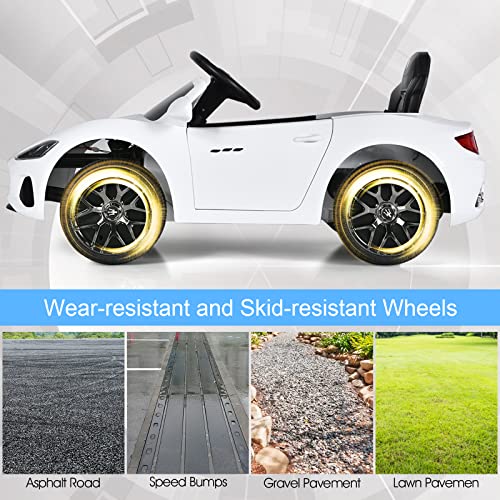 COSTWAY Electric Kids Ride On Car, 12V Battery Powered Compatible Maserati Toy Vehicle with Two Motors, Remote Control, Lights, USB, Horn and Music, Gift for 3+ Years Old Boys Girls (White)