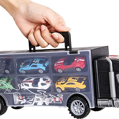 m zimoon Car Transporter Truck Toy, Transport Car Carrier Truck Toy Set with 8pcs Accessories and 6pcs Mini Metal Cars Gift for 3-12 Years Old Boys Girls Children
