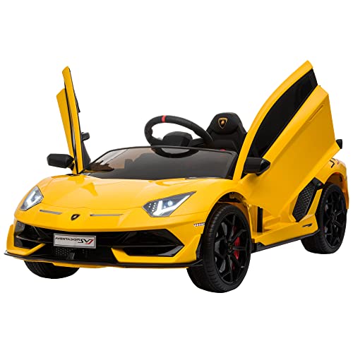 HOMCOM Compatible 12V Battery-powered 2 Motors Kids Electric Ride On Car Lamborghini Aventador Racing Car Toy with Parental Remote Control Music Lights Suspension Wheels for 3-8 Years Old Yellow