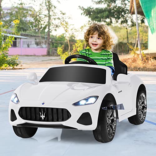 COSTWAY Electric Kids Ride On Car, 12V Battery Powered Compatible Maserati Toy Vehicle with Two Motors, Remote Control, Lights, USB, Horn and Music, Gift for 3+ Years Old Boys Girls (White)