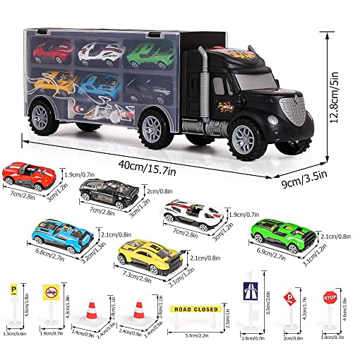 m zimoon Car Transporter Truck Toy, Transport Car Carrier Truck Toy Set with 8pcs Accessories and 6pcs Mini Metal Cars Gift for 3-12 Years Old Boys Girls Children