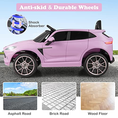GYMAX Kids Ride on Car, 12V Battery Powered Licensed Aston Martin DBX Toy Car with Remote Control, Music, Bluetooth, FM, USB, Slow Start & Safety Belt, Children Electric Vehicle for Boys Girls (Pink)