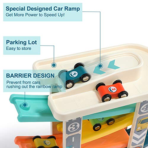 TOP BRIGHT Car Ramp Toys for 2 Year Olds - Wooden Car Toy Garage with 4 Racing Cars, Toddler Toy Kids Present for 1 Year Old
