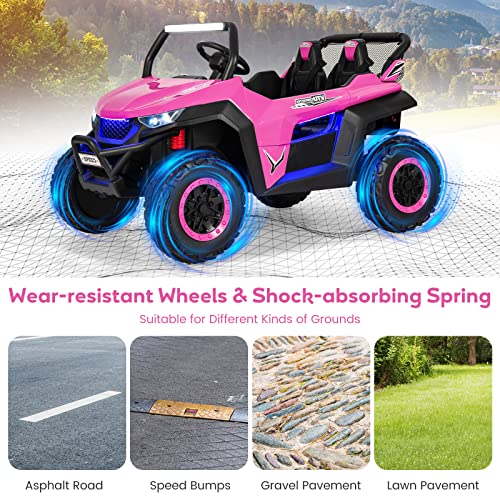 GYMAX Kids Electric UTV, 2-Seater 12V Battery Powered Toy Car with Remote Control, Lights, Bluetooth, MP3, USB, FM, High/Low Speed & Suspension Spring, Children Ride on Car for 3-8 Years Old (Pink)