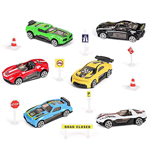 m zimoon Car Transporter Truck Toy, Transport Car Carrier Truck Toy Set with 8pcs Accessories and 6pcs Mini Metal Cars Gift for 3-12 Years Old Boys Girls Children