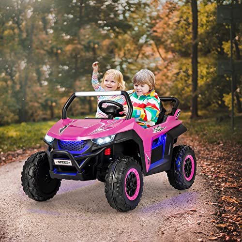 GYMAX Kids Electric UTV, 2-Seater 12V Battery Powered Toy Car with Remote Control, Lights, Bluetooth, MP3, USB, FM, High/Low Speed & Suspension Spring, Children Ride on Car for 3-8 Years Old (Pink)