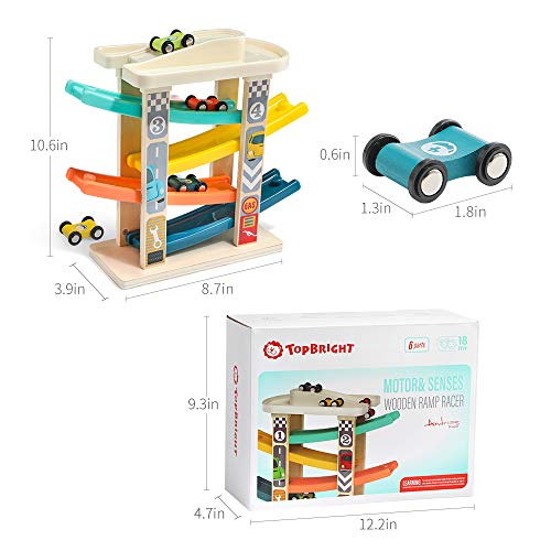 TOP BRIGHT Car Ramp Toys for 2 Year Olds - Wooden Car Toy Garage with 4 Racing Cars, Toddler Toy Kids Present for 1 Year Old