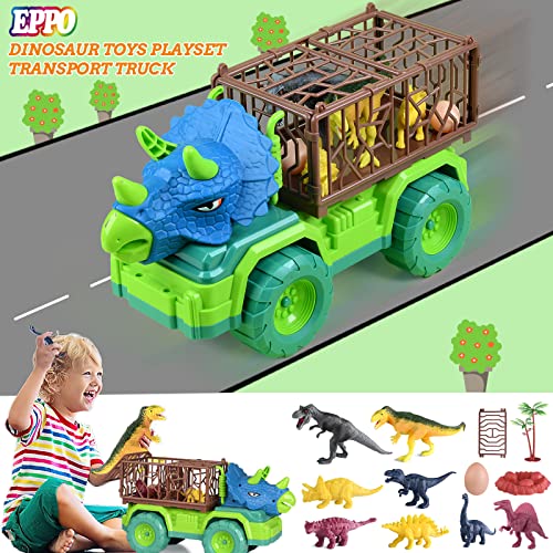 EPPO Dinosaur Truck Playset Boys Toys for Kids 3-5, Large Triceratops Vehicle 8 Jurassic Dinosaurs, Activity Play Mat, Dinosaur Eggs, Carrier Car Toys for 3 4 5 6 + Years Old Boys Girls Kids Gifts