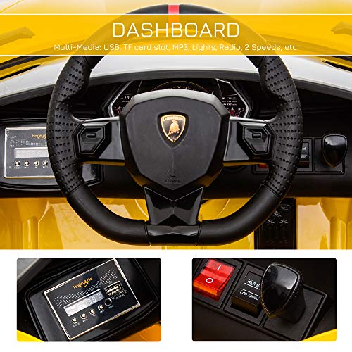 HOMCOM Compatible 12V Battery-powered 2 Motors Kids Electric Ride On Car Lamborghini Aventador Racing Car Toy with Parental Remote Control Music Lights Suspension Wheels for 3-8 Years Old Yellow